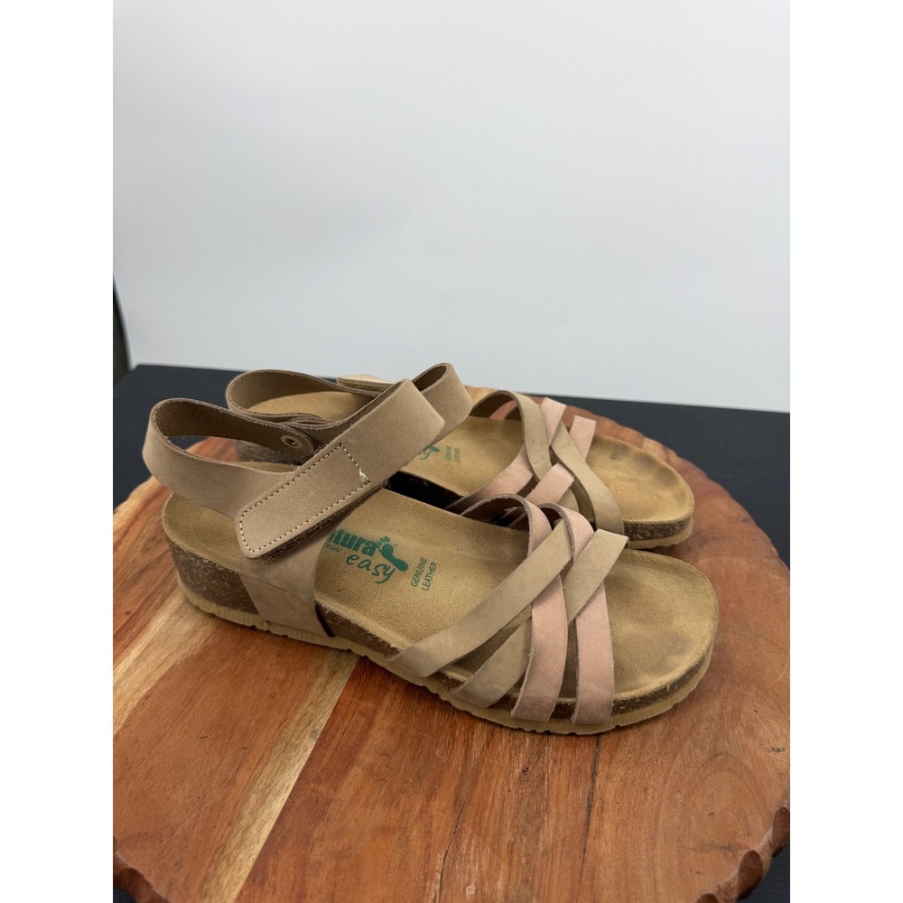 BioNatura Easy Wedge Sandals Womens 6.5 Tan Leather Strappy Cork Platform Italy